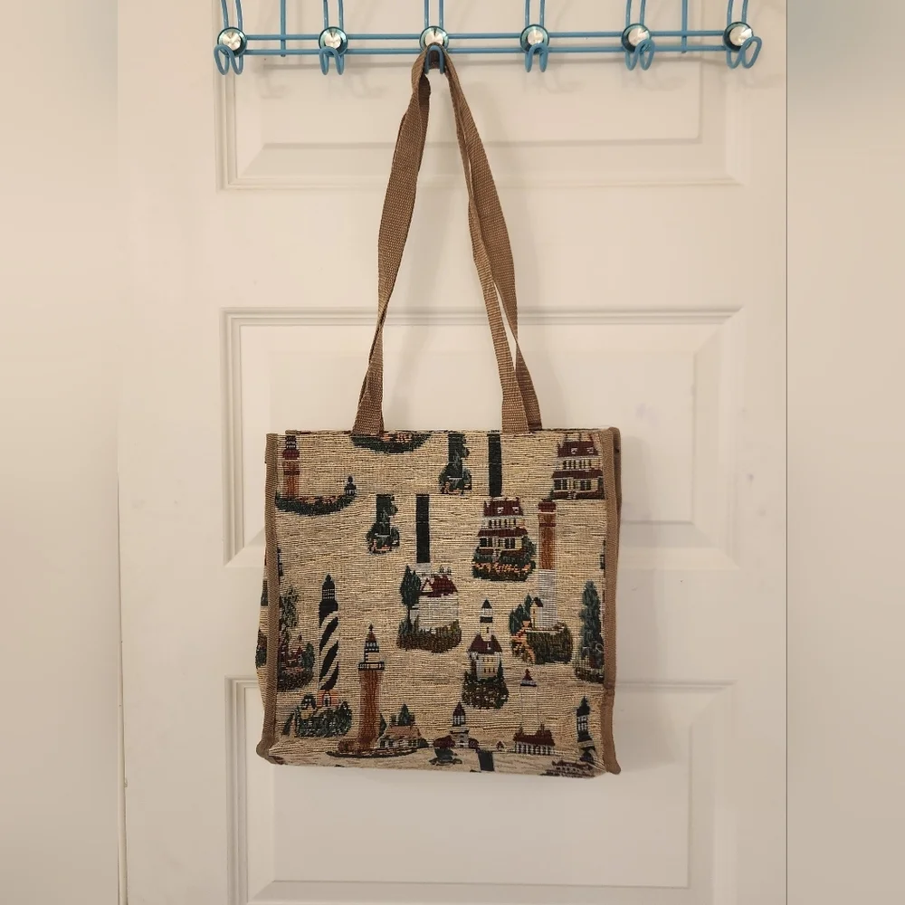 Women's Lighthouse Shopping Tote Beach Handbag Travel  Zippered W/ Coin Purse #O